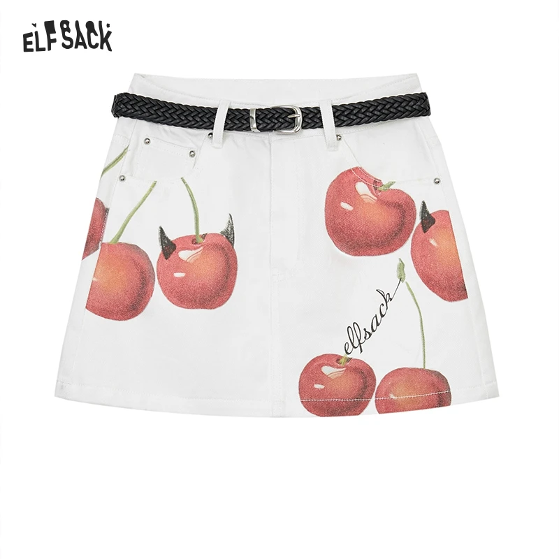 ELFSACK 2025 Spring New Arrivals Y2K Original Cherry Printed Denim Skirt Women's Cotton A-Line Mini Skirt(Gift belt)