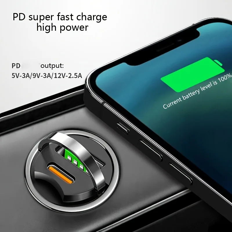 66W Flash Car Charger with Pull Ring - Ultra-Compact PD+USB Dual Port for Rapid Charging - Discreet Mini Design