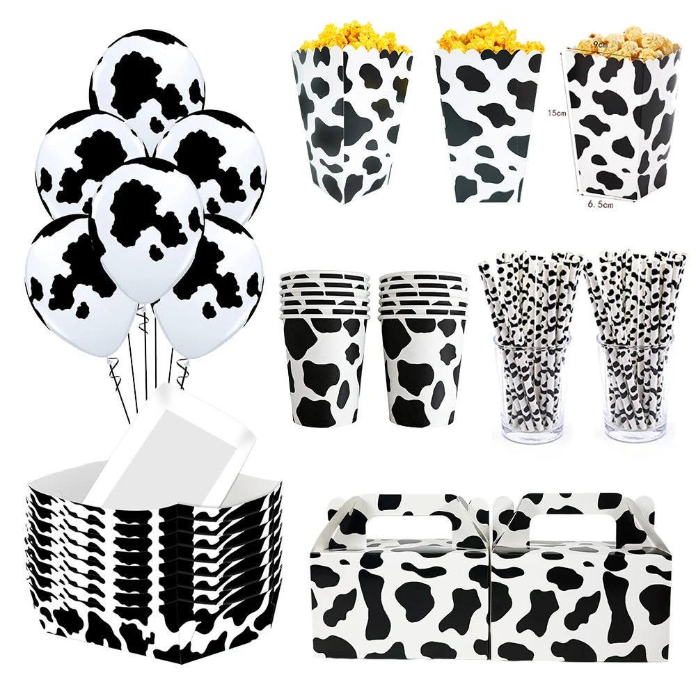 10-50 pièces Ballons imprimés vache, Gobelets en papier, Pailles, Boîtes à popcorn, Boîtes cadeaux, Plateaux, Décorations pour fête d'anniversaire sur le thème de la ferme pour enfants, Fournitures pour baby shower