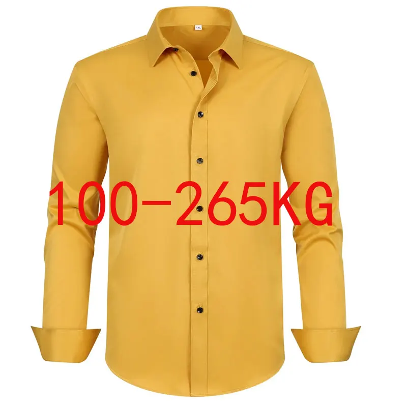 Camisa masculina de manga comprida, para engomar livre, casual, cor sólida, tamanho grande, vestido gordo, tamanho EUA 100-265kg, primavera e outono