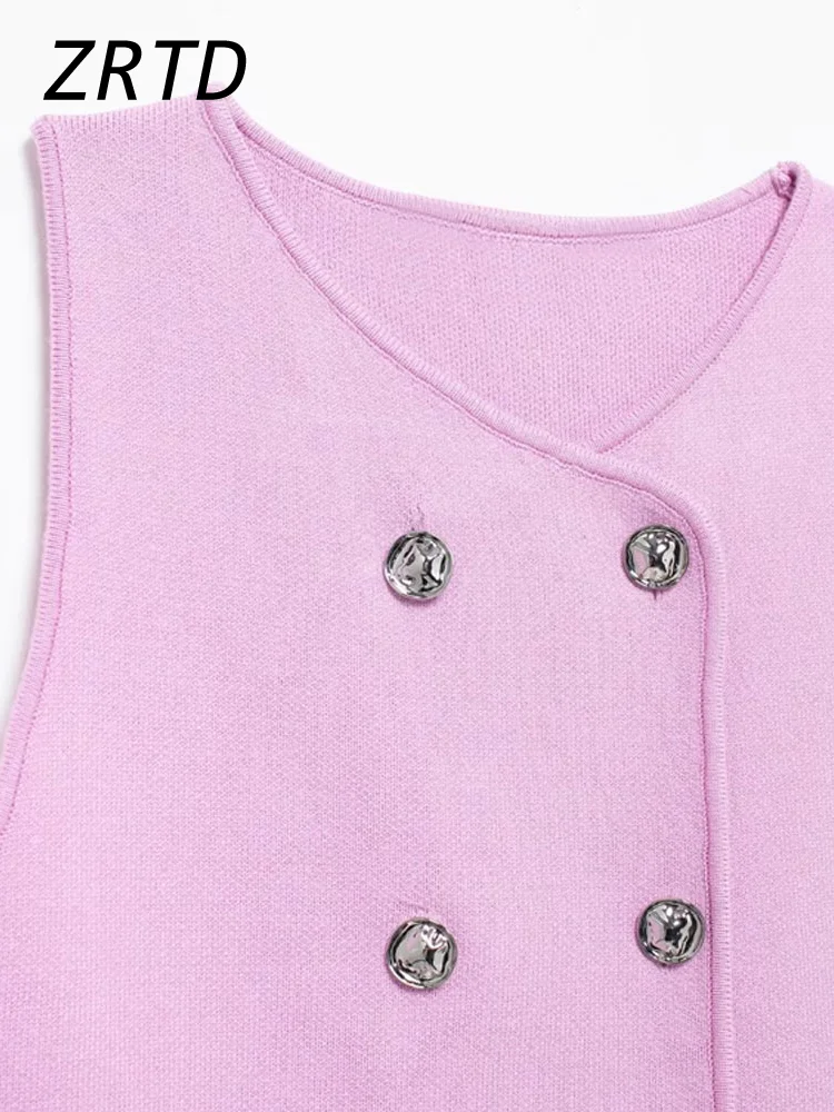 Casual Knit Pink Crop Vest Women Slim O-neck Sleeveless Double Breasted Waistcoat 2024 Summer Autumn Lady High Street Tank Tops