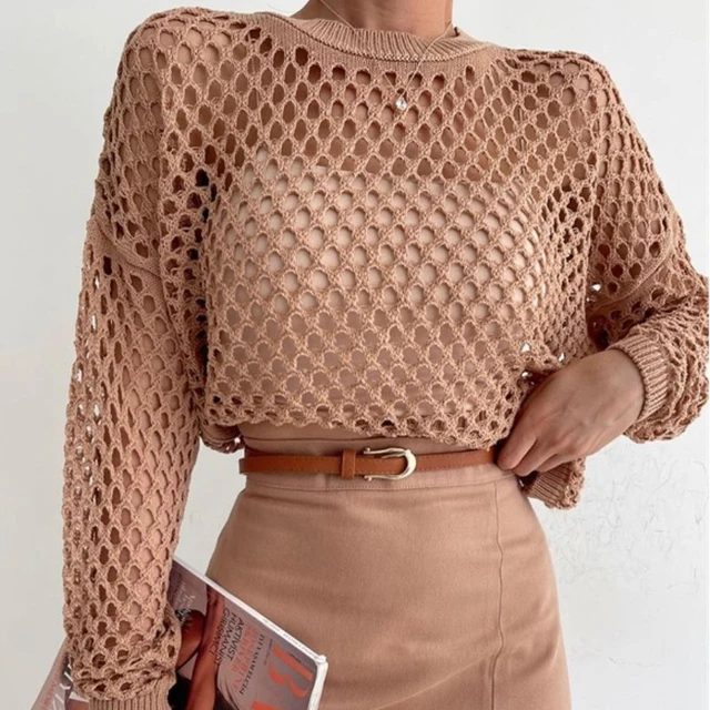 Hollow Out Cropped Sweater Women Autumn Winter Knitted Cover-ups Solid Color Long Sleeve Crop Top Woman Clothes Fashion Pullover