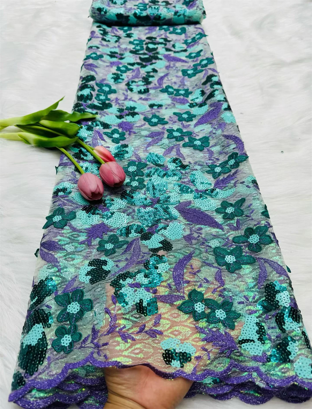 African Sequins Flocking Lace Fabric