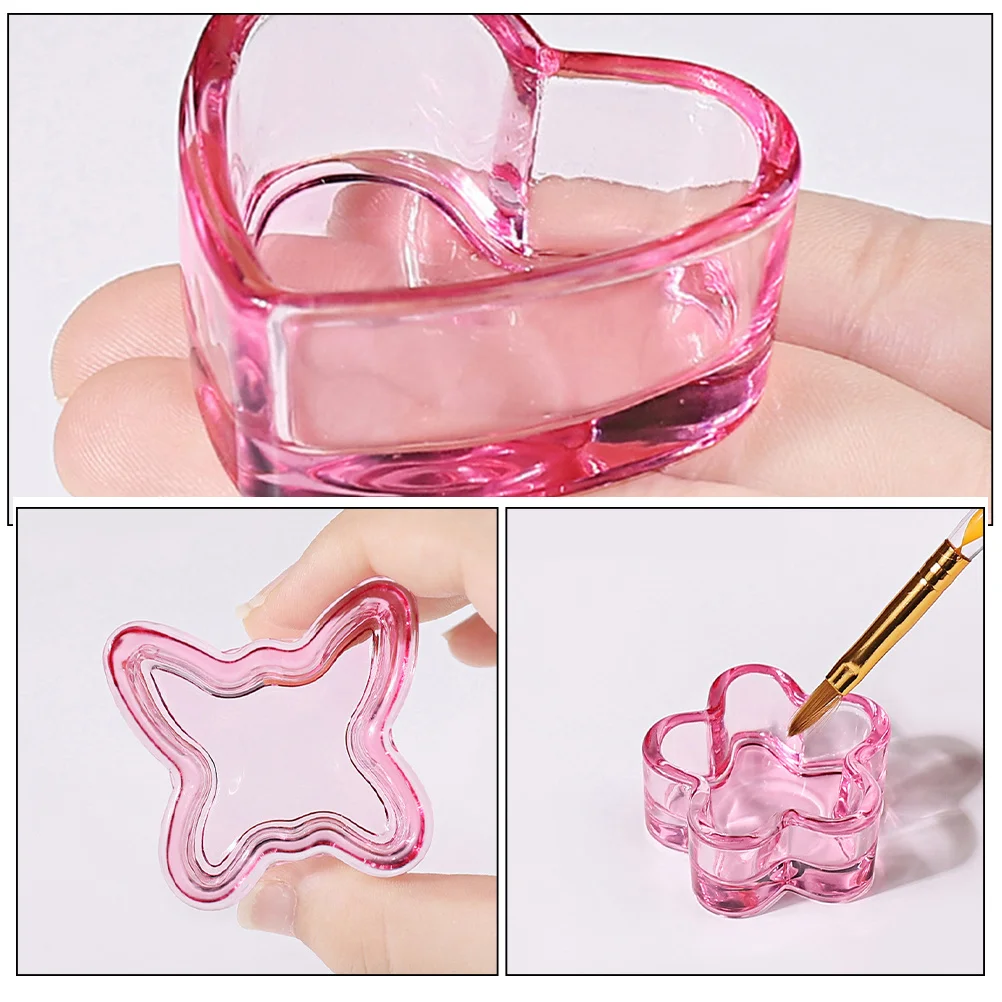 Plato Dappen de cristal rosa para decoración de uñas, plato acrílico con forma de corazón, flor y mariposa, soporte para polvo líquido, taza para cepillo de limpieza, 3 uds.
