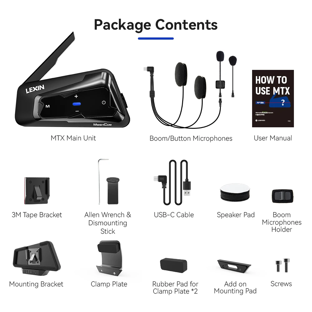 Lexin-Meshcom Motorfiets Mesh & Bluetooth Headset Intercom, Met Mesh Communicatiesysteem, Parallelle Audio- Intercom,24 Rijders