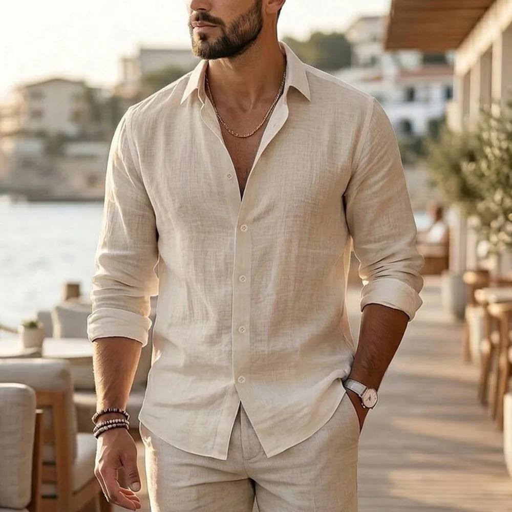 

Long Sleeve Shirt for Men Cotton Linen Comfottable Lightweight Vacation Style Loose Fit Laple Collar Casual Shirts Dailywear
