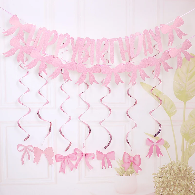 

1set Sweet Pink Bow Banner Swirl Hanging Garland Happy Birthday Bunting Flag Girls Princess Birthday Photo Prop Home Party Decor