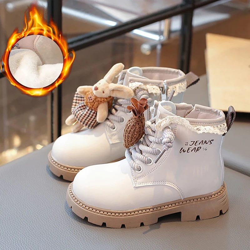 

Autumn Winter Plush Boots For Children Cute Cartoon Boy's Girl's Snow Boots PU Leather Thick Warm Teenager Kid's Cotton Shoes