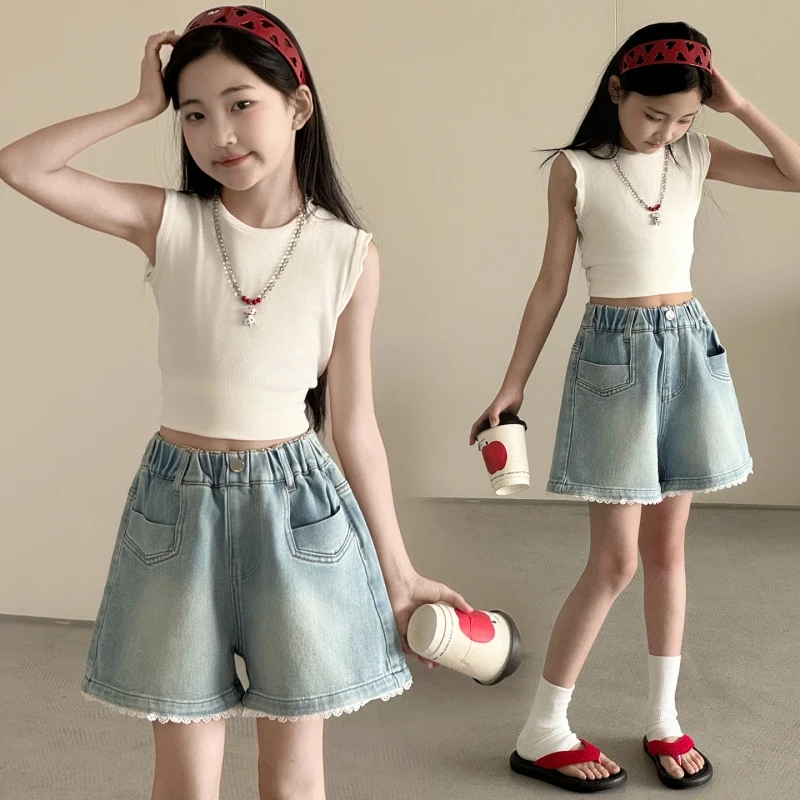 

Kids Lace Trim Denim Shorts, Light Wash Elastic High Waist A-Line Wide Leg Casual Shorts for Girls Summer