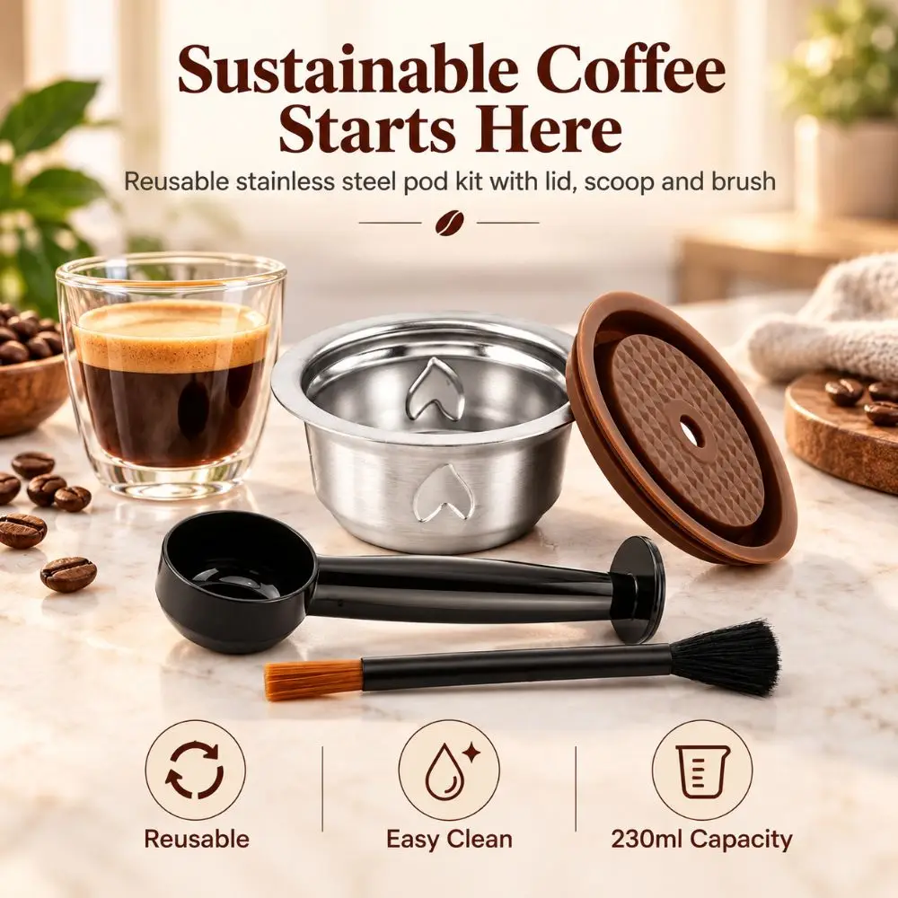 Reusable Coffee Pod Set Stainless Steel BPA Free Coffee Pod Kit Easy To Clean Silicone Lid Refillable Coffee Capsule