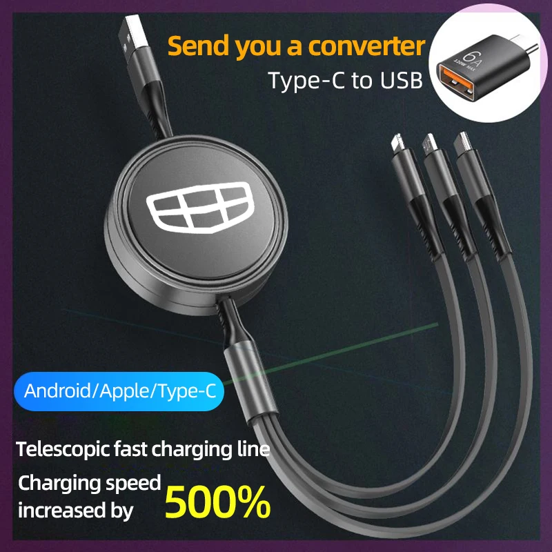 

For Geely Emgrand 4th Monjaro Xingyue L Coolray Emgrand EC7 X7 Atlas Zeekr 3-in-1 Micro Data Wire USB Type C Fast Charger Cable