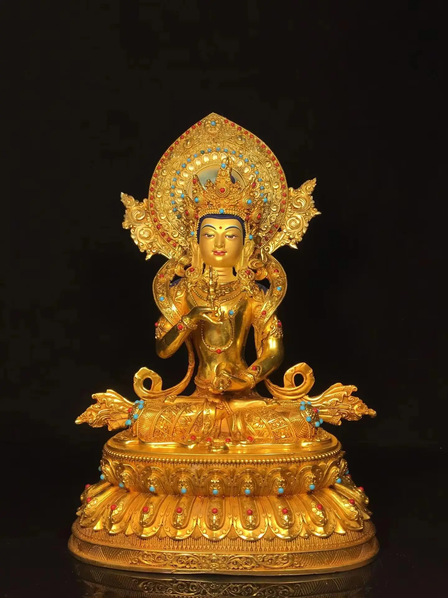 

15"Tibetan Temple Collection Old Bronze Gilded Painted Face Mosaic Gem Vajrasattva Sitting Buddha Backlight Worship Hall