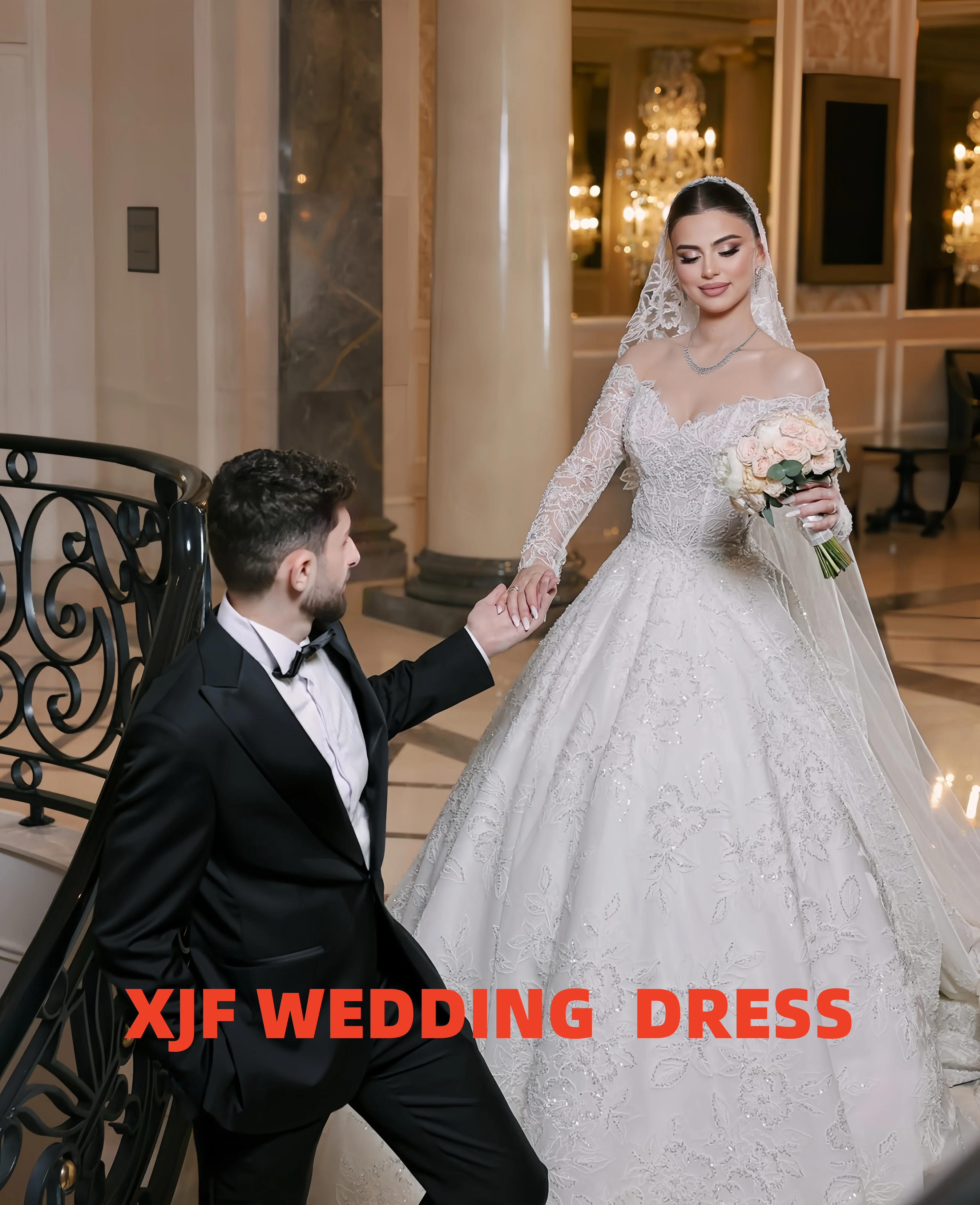 Personnalisé col doux à manches longues robe de bal perlée luxe amanda novias robes de novia amanda novias robe de mariée