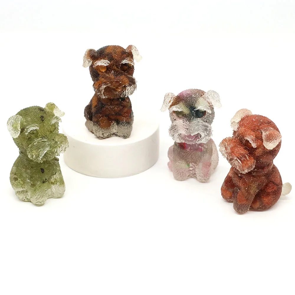 Teddy Dog Statue Natural Gravel Tumbled Stone Crystal Resin Carved Animal Figurine Crafts Healing Gemstone Room Home Decoration