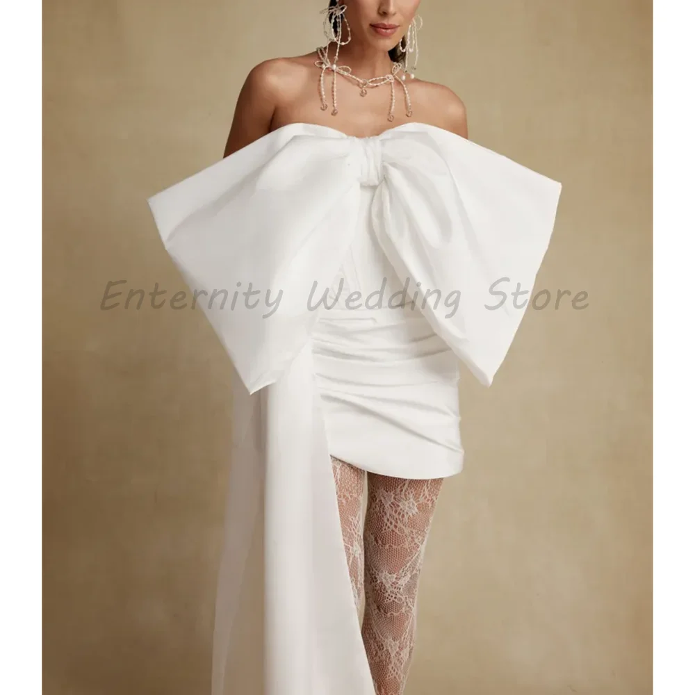 

White Strapless Short Wedding Dress with Oversized Bow Detail Ruched Satin Mini Bridal Gown with Train