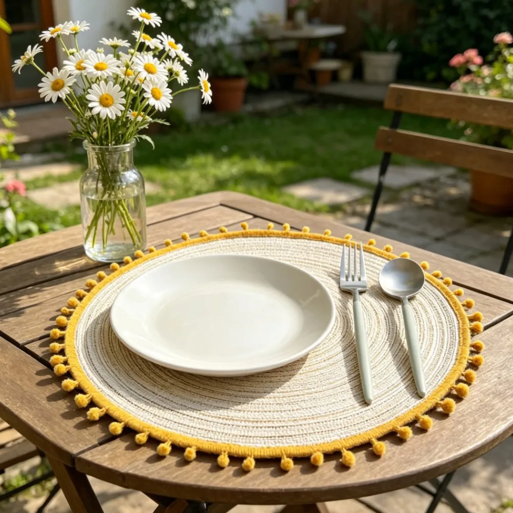Cozy Cream Pompom Placemats Set of 1/4/10 Round Braided Non-Slip Table Mats for Kitchen Decor Woven Gift Place Mats