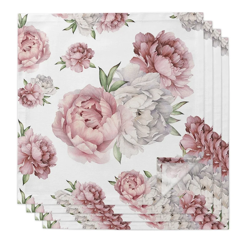 2Pcs Flowers Pink Peony White Cloth Napkins Table Decoration Tea Towels Birthday Wedding Party Decoration Reusable Napkin