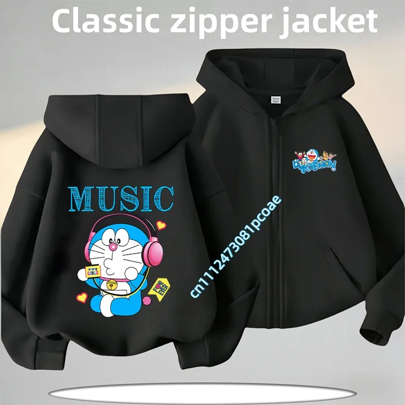 Autumn/Winter coat Doraemon children's zipper-style hooded sweatshirt for boys, girls' casual top with cartoonish game print