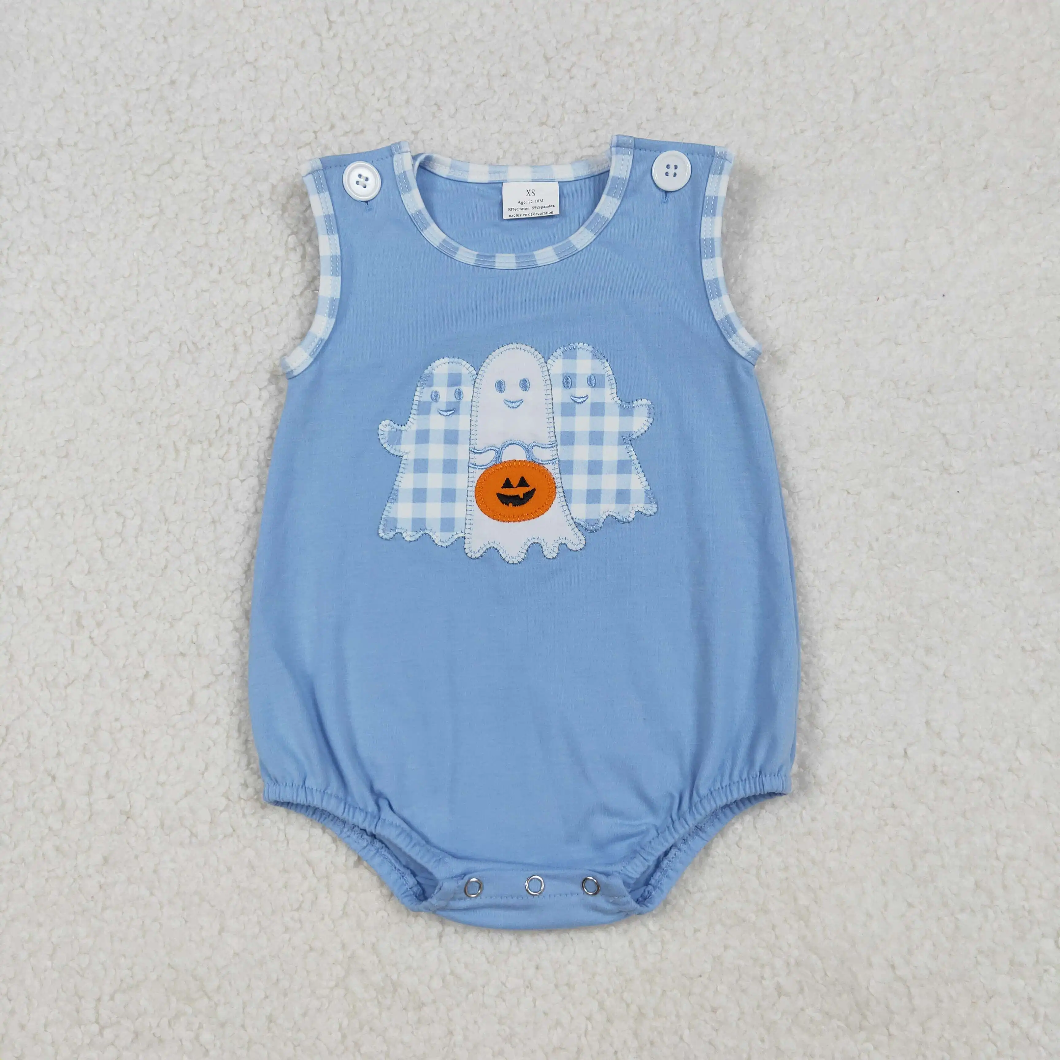 

x9.13 Wholesale boutique baby boys romper embroidered Halloween lantern ghost blue vest onesie