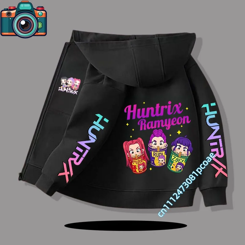 Concert girl casual top for children with hooded design, boy's sports shirt with cartoon print, winter season zipper style coat