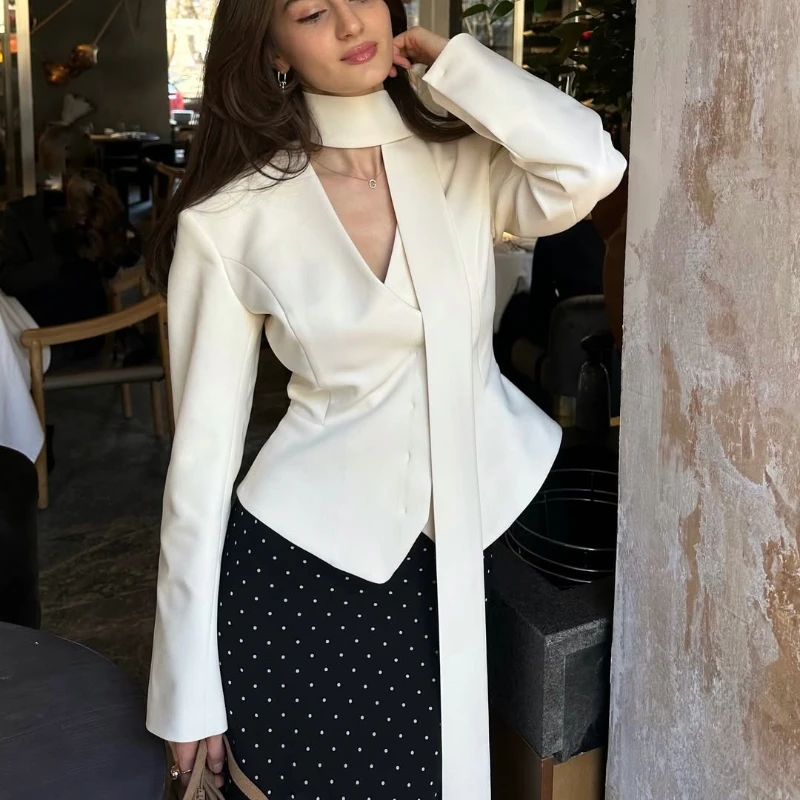 Women's V-neck Ribbon Cardigan Striped Print Long Sleeve Shirt Buttons Elegant Office Lady Top Blousers Outwear Blazer Woman