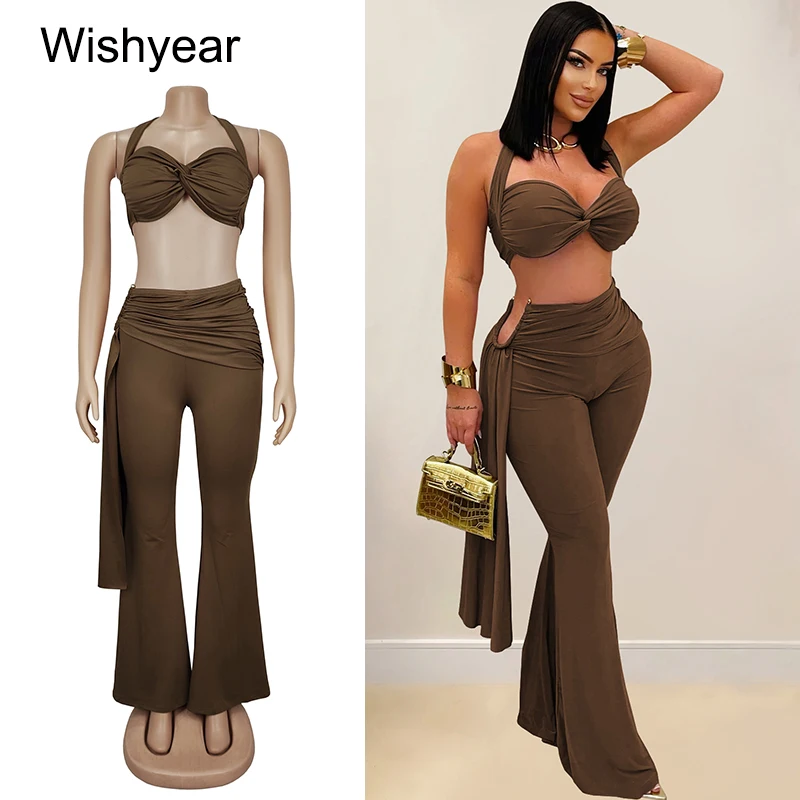 Wishyear Sexy Night Club 2 Piece Pants Set Women Halter Backless Knot Camisole and Flare Trousers Vacation Beach Party Outfits