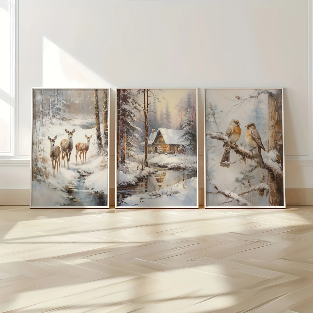 3PCS--3pcs/set Retro Deer Bird Snowy Hut Canvas Poster Forest Scenery Christmas Wall Art Poster for Modern Living Room Home D