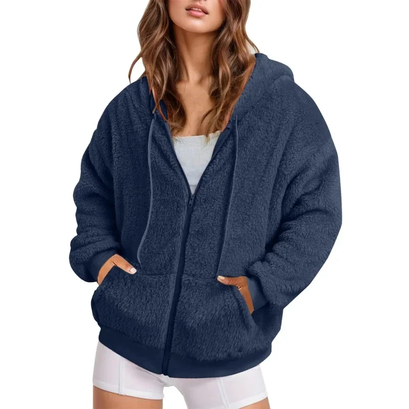 Women Fluffy Loose Hooded Outerwear Autumn Winter Hoodies Long Sleeve Warm Coat Pullover Sweatshirt Plush Turtleneck Zipper Neck