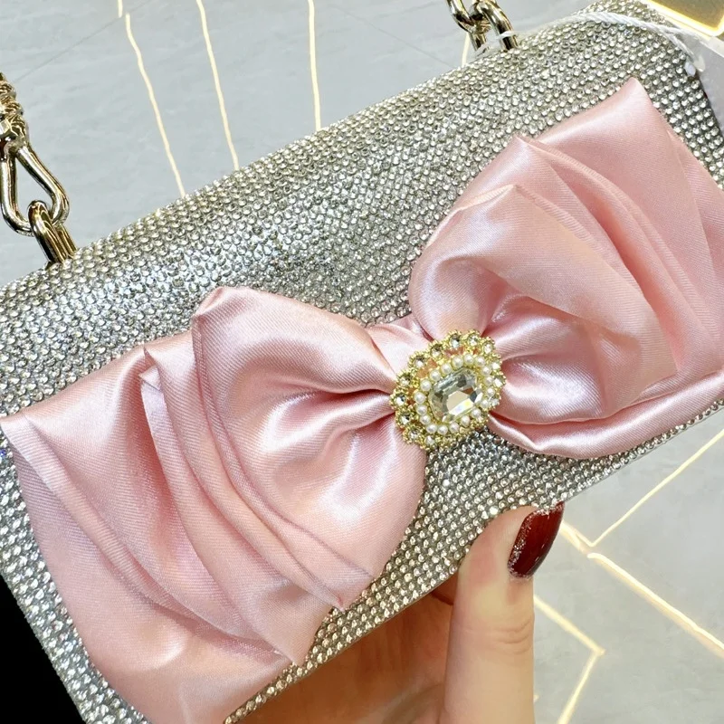Leichte Luxus elegante Retro Diamant Schleife Kette Damen kleine quadratische Taschen Hochzeit Party Taschen Strass Handtasche Umhängetasche