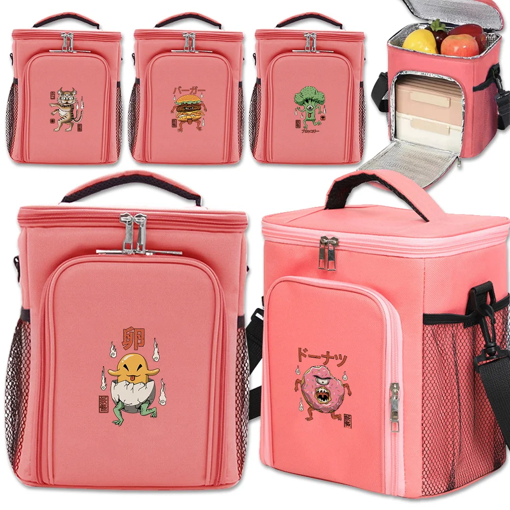 

Ice Pack Food Tote Lunch Bag Outdoor Organizer Case Cute Monster Printing Series Insulated Bags Front Opening Double-layer