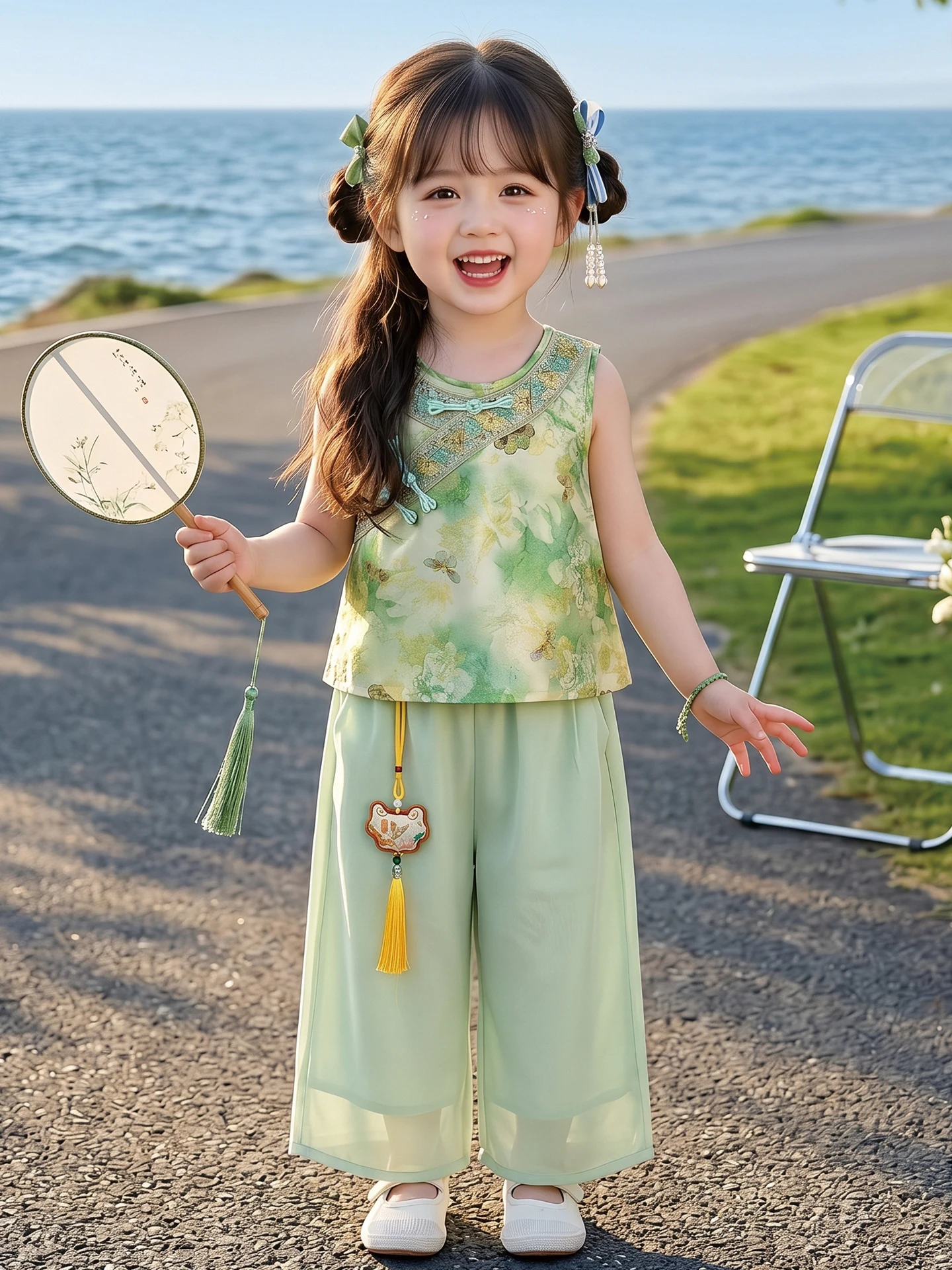 Novo Conjunto Estilo Chinês Verão 2026: Novo Conjunto de Duas Peças para Meninas, Moda Infantil Tang Hanfu, Roupa de Verão El...