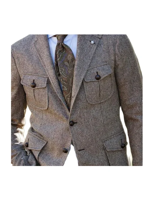 Men\'s Suit Brown Herringbone Blazer Prom Tuxedos Wool Tweed Single Breasted Two Buttons Bussiness/Wedding Jacket (Only Coat)