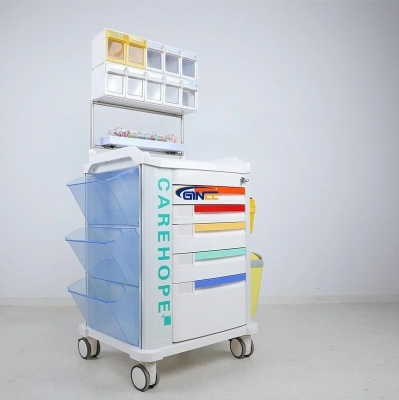 ABS Shell Medical Service Trolley with Aluminum Alloy Lifting Column, Multifunctional Hospital Emergency Treatment Cart