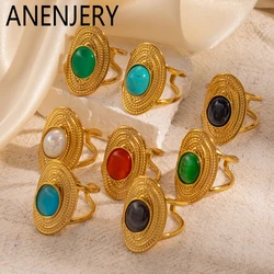 ANENJERY 316L Stainless Steel Colorful Stone Curved Open Ring for Women Men Vintage Luxurious Noble Jewelry Gifts