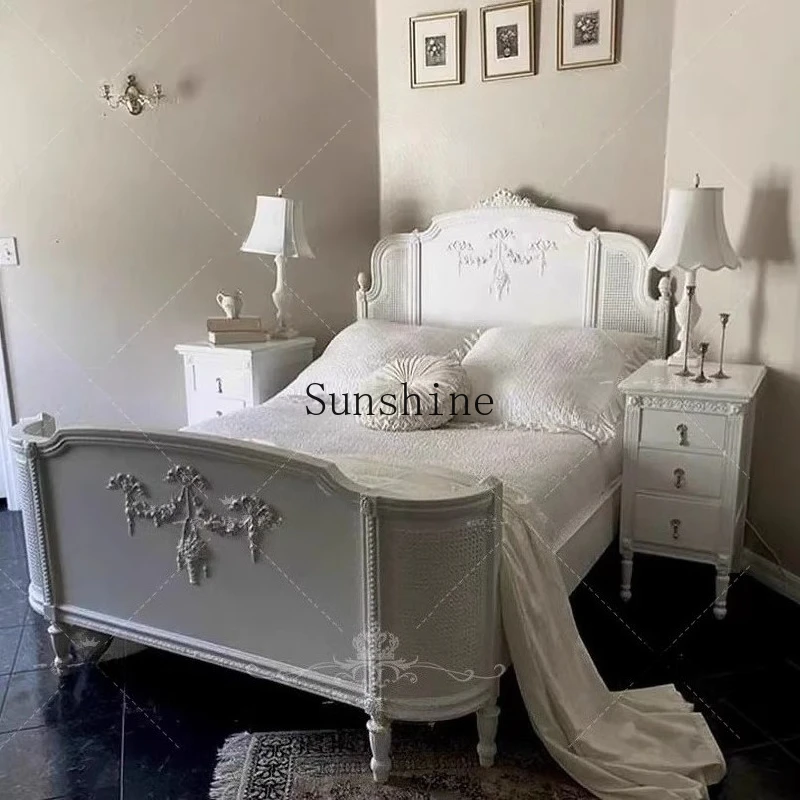 

French solid wood rattan cream white luxury court princess bed