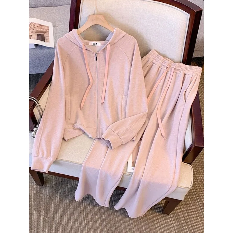 Women Zip Up Hoodie And Wide Leg Pants Two Piece Casual Sports Suit Autumn Slim Fit