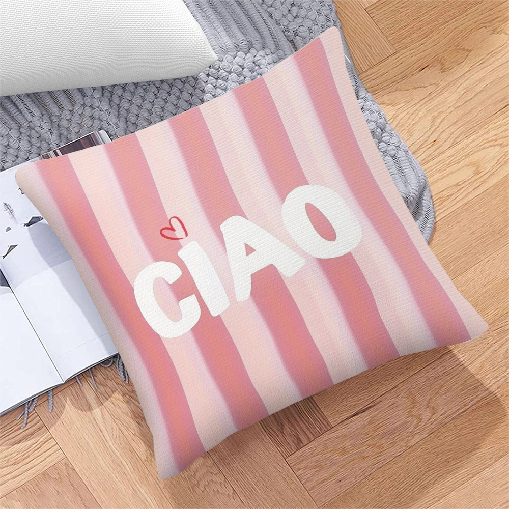 1pc Pastel Pink Striped Ciao Pillow Cover, Polyester 2D Double Sided Print Cushion Case, Minimalist Italian Quote Throw Pillowca