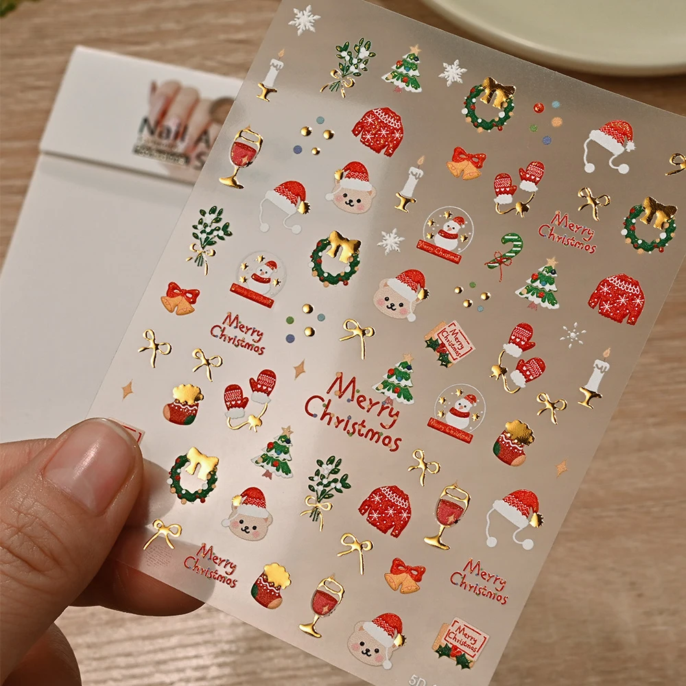 1개 귀여운 산타클로스 눈사람 리스 5D 엠보싱 크리스마스 네일 아트 스티커 크리스마스 트리 눈송이 네일 데칼 DIY 네일 용품