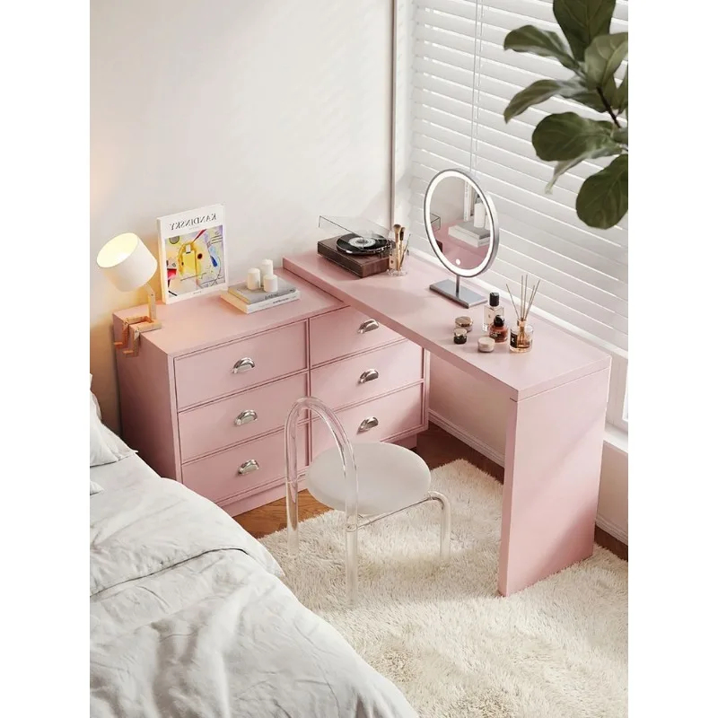 Solid wood dresser, locker integrated, cream wind pink retractable corner small apartment combination chest, makeup table