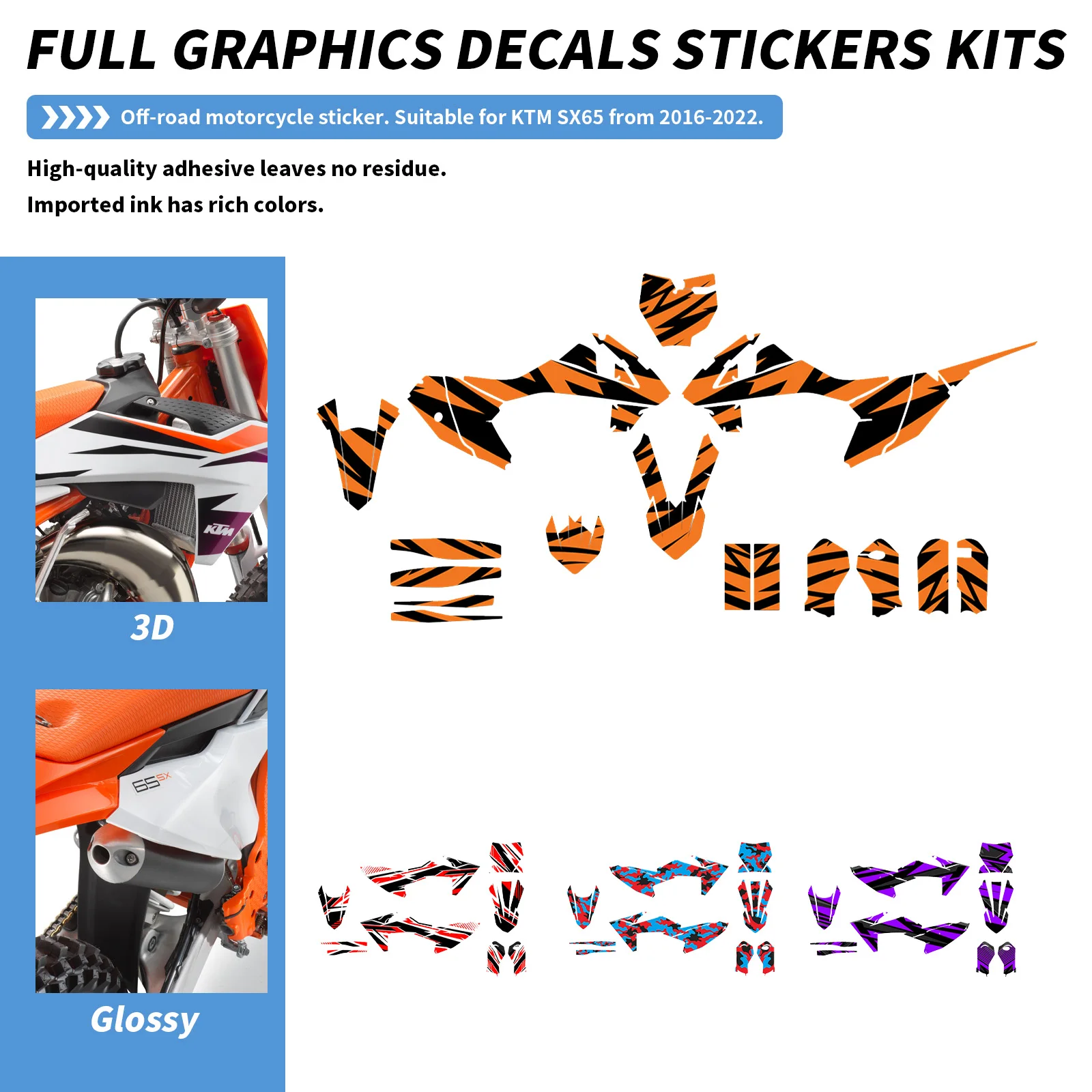 Full Set Off-Road Body Decals Graphics Kit for KTM SX65 2016-2022 Waterproof UV Durable Anti-Scratch
