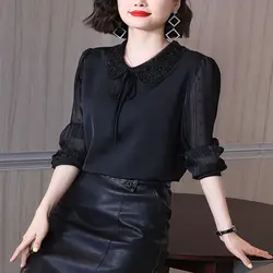 Spring and Autumn Women's Pullover Doll Neck Solid Color Lace Up Loose Fit Long Sleeve Chiffon Shirt Fashion Commuter Tops