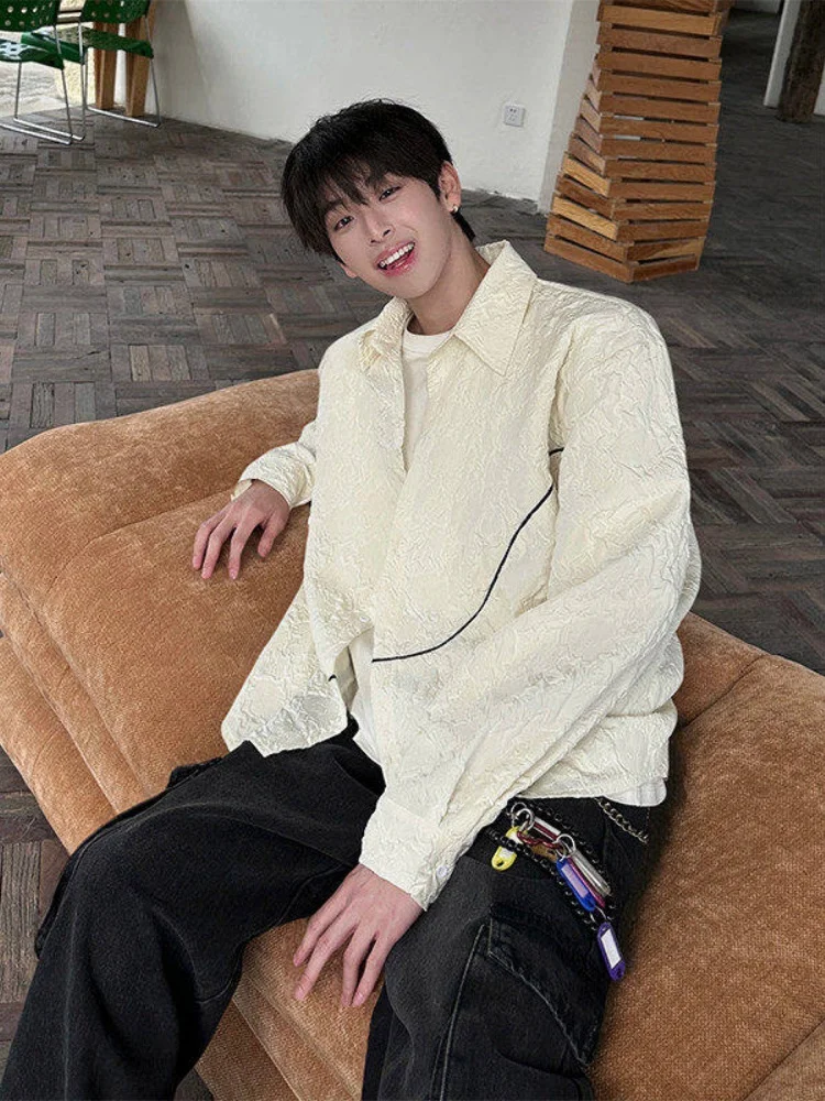 

Универсальная повседневная мужская рубашка в корейском стиле, лето 2025, новый дизайн, ретро-топ из полиэстера, свободный крой, с длинным рукавом, на пуговицах