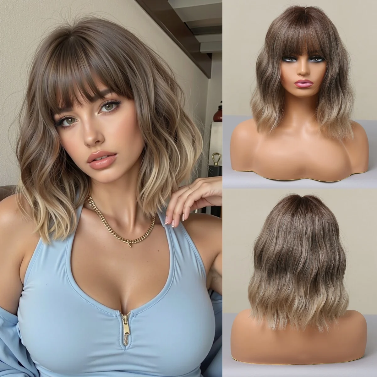 

Коричневые волнистые парики Боб с челкой Короткий блондин Ombre Синтетический натуральный парик для женщин Вечеринка Ежедневное использование Термостойкое волокно