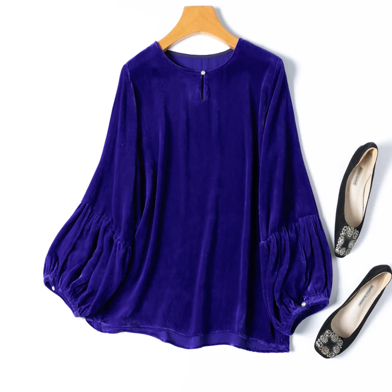 Women Silk Velvet Blouse 100% Mulberry Silk Lining Royal Blue Shirt Top Pullover Loose Type Lantern Sleeve Office Lady M1222