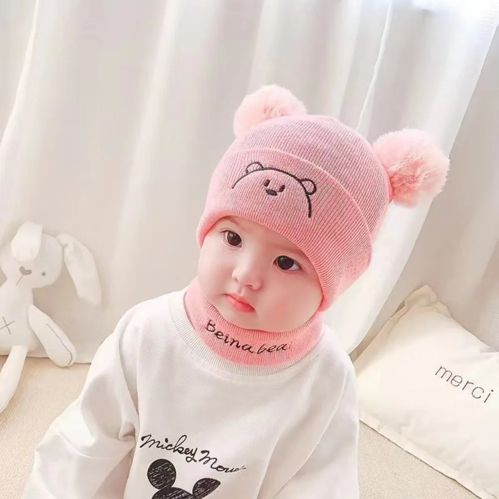 

New Thickened Hat Scarf Set Winter Warm Knitted Bonnet Caps Cute Bear Pullover Hat Outdoor
