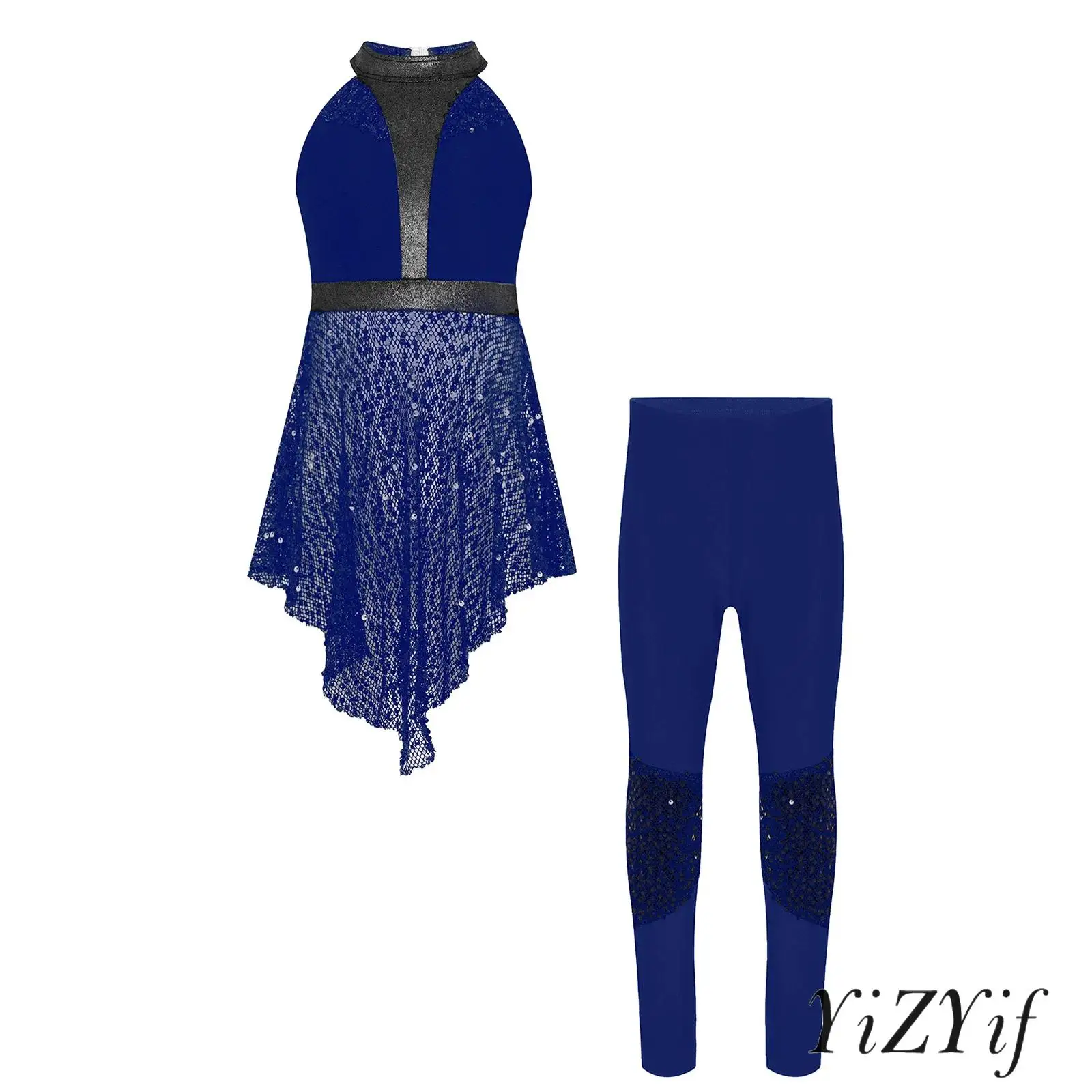 

‌Kids Girls Fashion Jazz Dance Outfit Mesh Patchwork Sequins Hollow-Out Top with Stretchy Leggings for Dancing Parties Shows