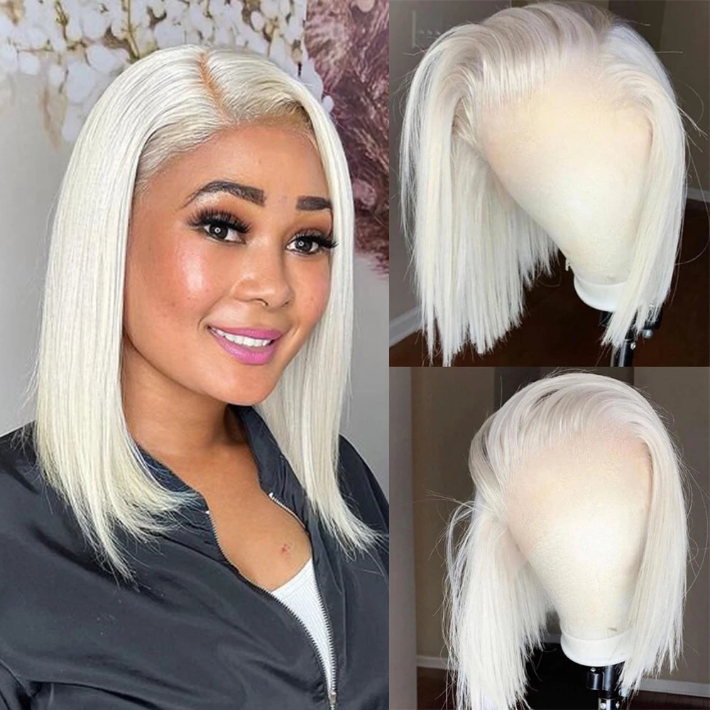 

Platinum Blonde Colored Lace Front Wig Short Straight Bob Human Hair Wigs For Women HD Transaprent Lace Forntal Wig Preplucked