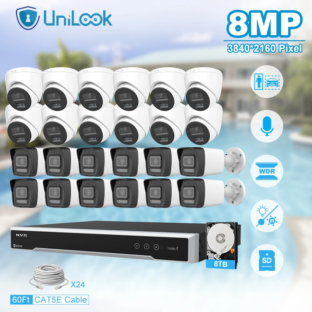 

Unilook Security Protection 8MP Mini IP Camera System Kit 32pcs IP Camera Indoor 32CH NVR CCTV Security System P2P View IP66