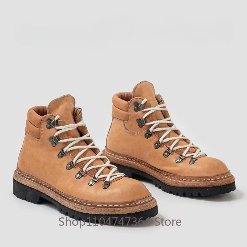 Italian Style High End Washed Horsehide High Top Shoes Men's Genuine Leather Thick Sole Casual Premium Cowhide Western Boots