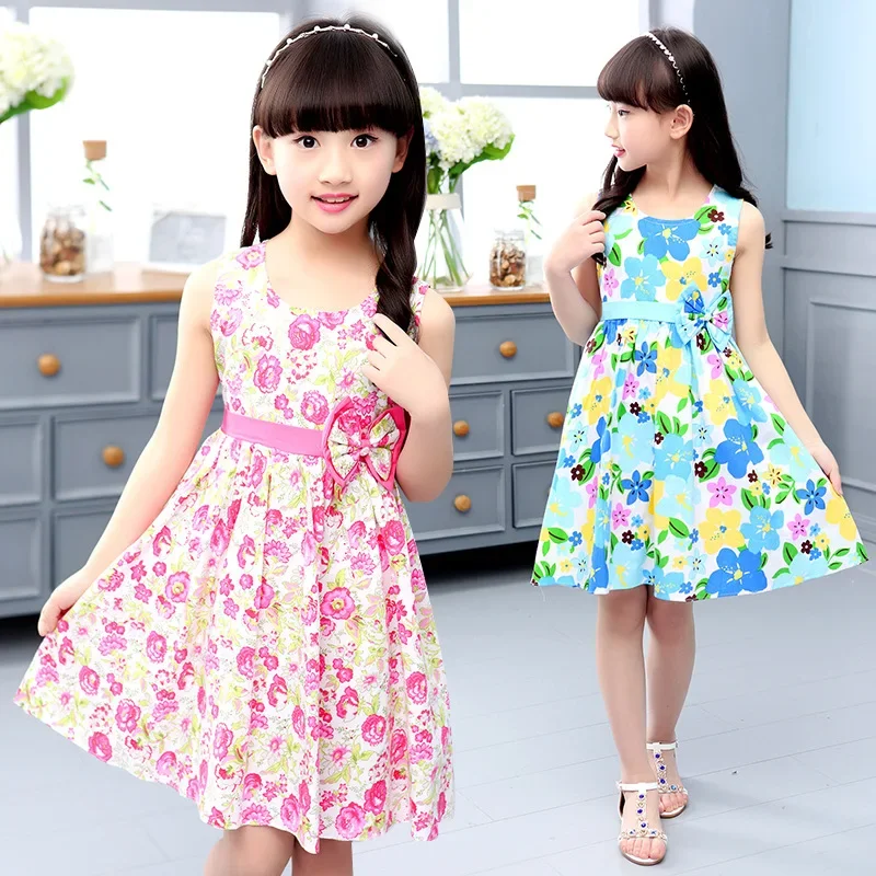 Girls Vest Dress Cotton Flower Print Children Wear  Korean Cute 95% Cotton Princess Party Dresses 4 5 6 7 8 9 10 11 12 14 Year